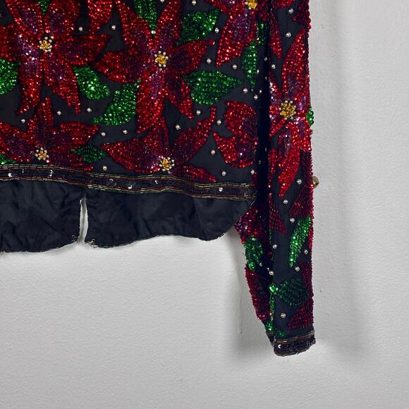 Vintage Laurence Kazar Sequin Jacket Size XL Red Black Floral Beaded Cropped - Picture 12 of 15